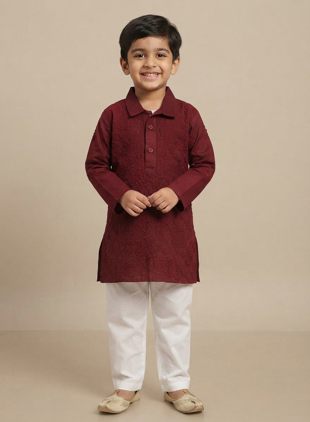 Maroon Front Jaal - Cotton Chikankari Kurta With Self Thread Work & Pajama