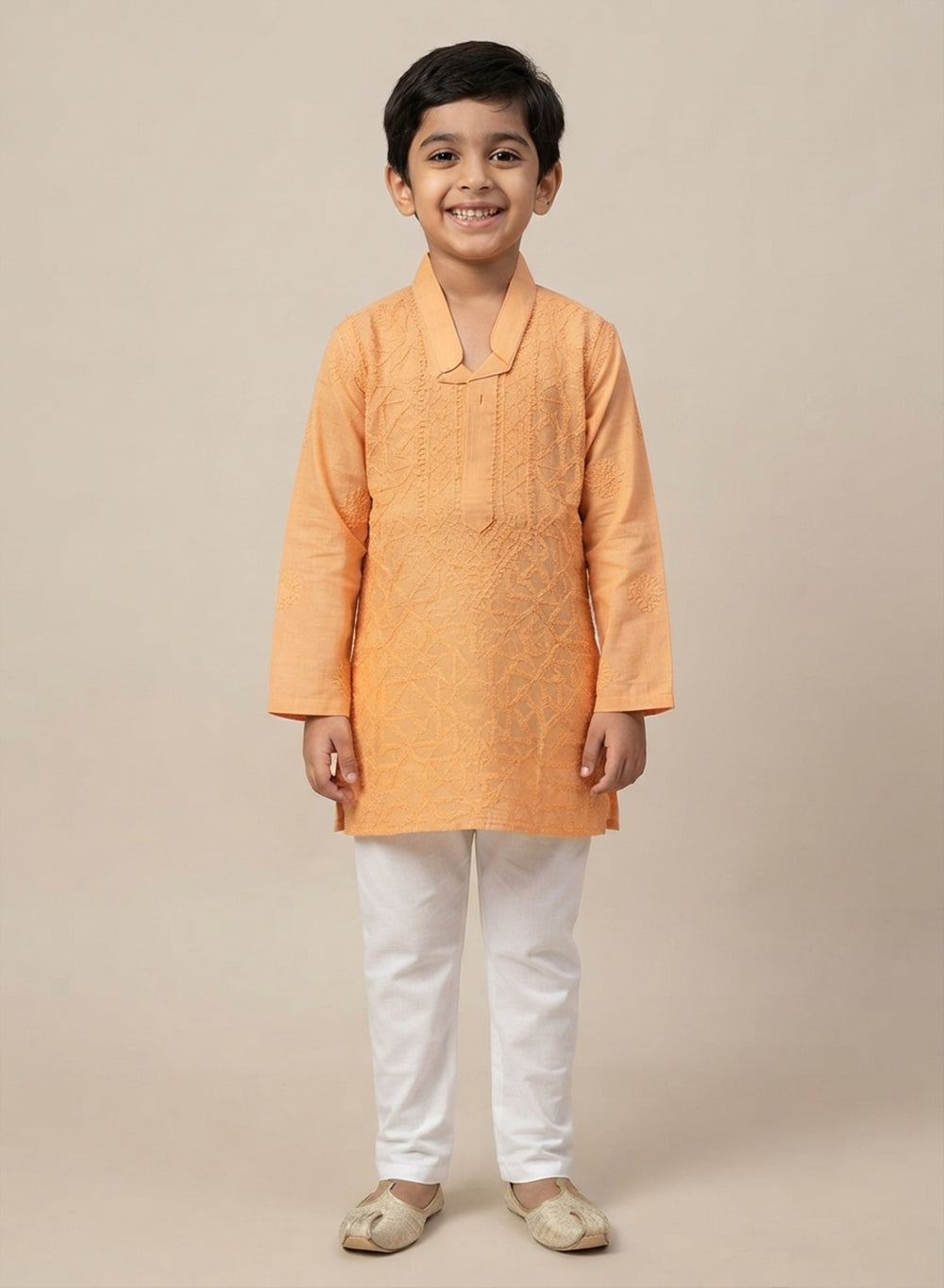 Light Orange Front Jaal - Cotton Chikankari Kurta With Self Thread Work & Pajama