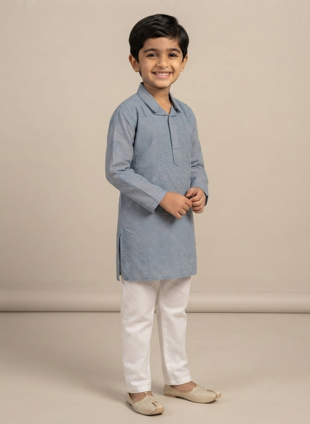 Grey Front Jaal - Cotton Chikankari Kurta With Self Thread Work & Pajama