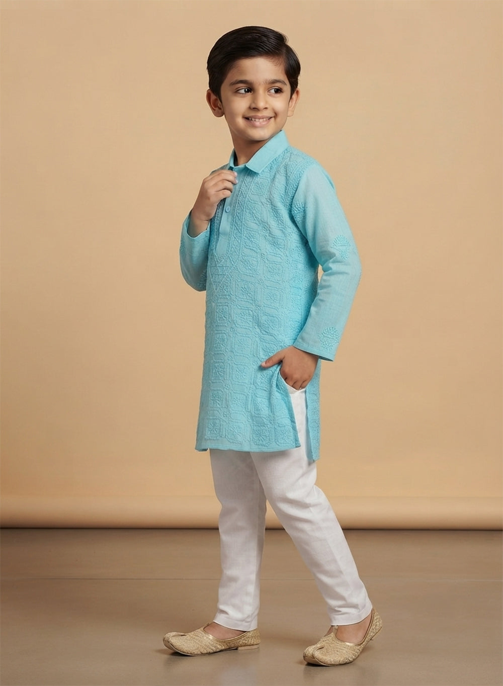 Sky Blue Dual Shade Front Jaal - Cotton Chikankari Kurta With Self Thread Work & Pajama