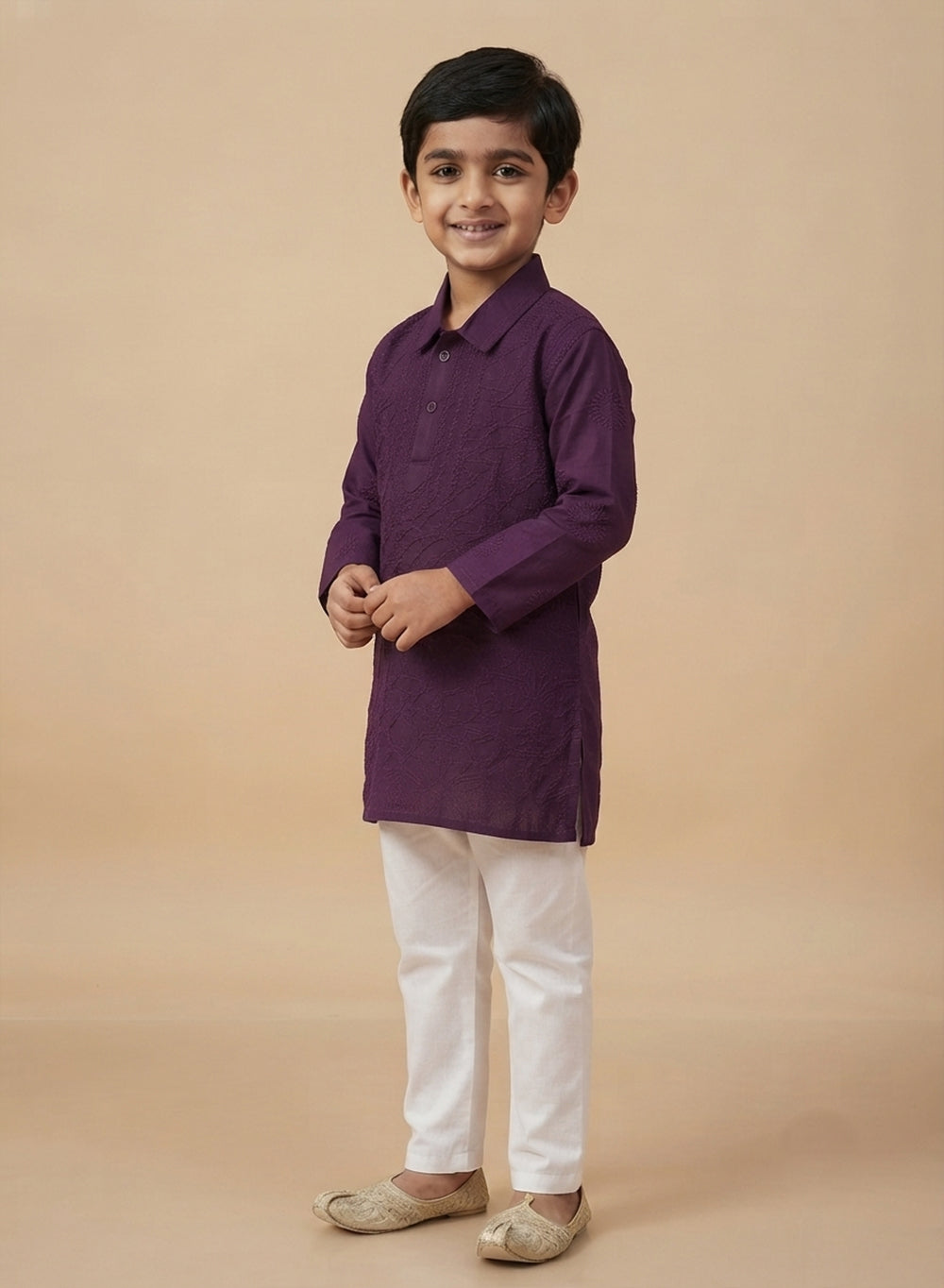 Violet Front Jaal - Cotton Chikankari Kurta With Self Thread Work & Pajama