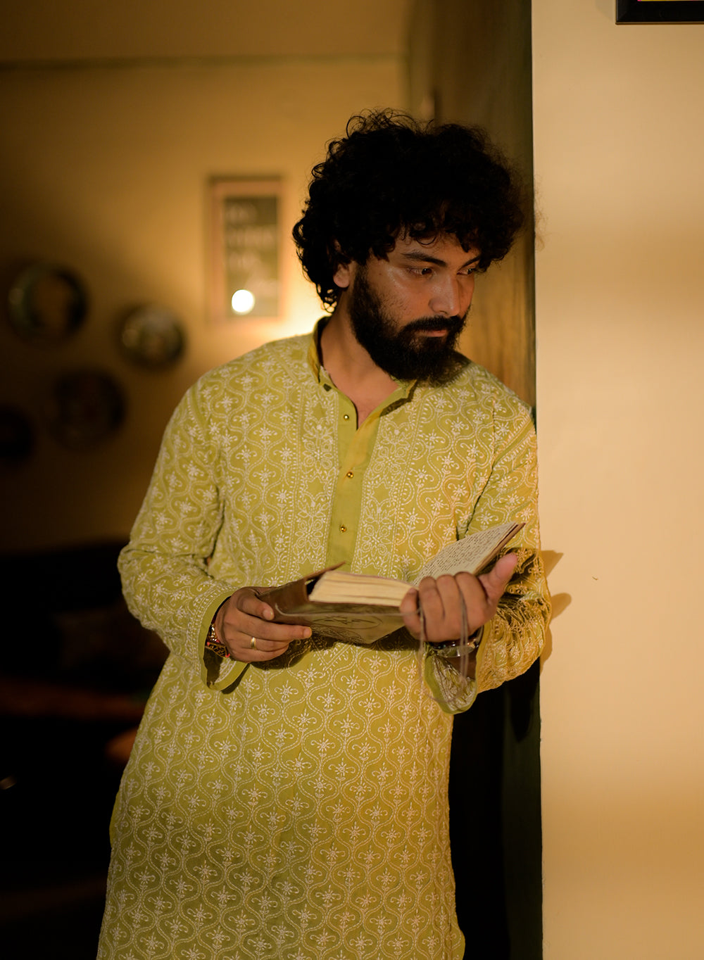 Olive Green Front Jaal - Nawab Cotton Chikankari Men Long Kurta