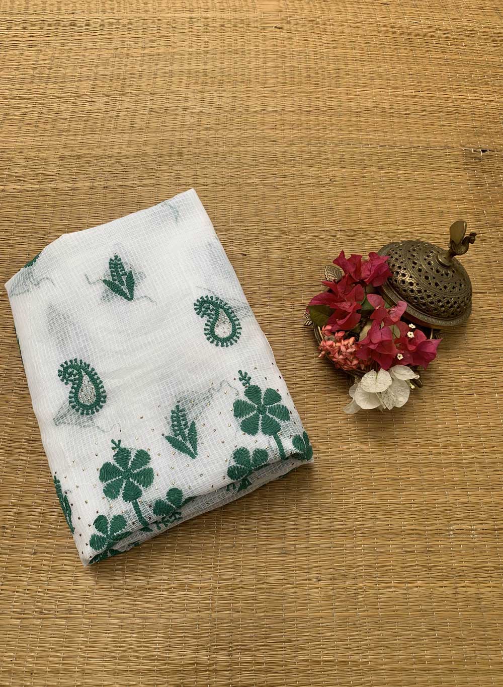 White & Green Mukaish - Dhoop Kinaray Kota Chikankari Kurta Fabric