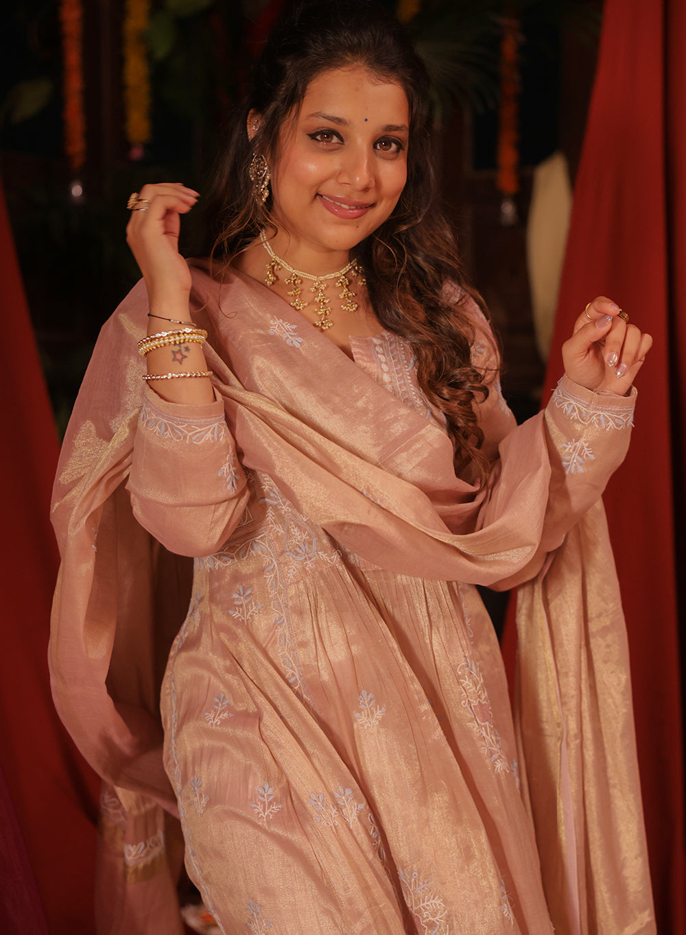 Dusty Rose Pink - Nayaab Tissue Chanderi Dhoop Chaav Semi-Stitched Kurta & Dupatta Set