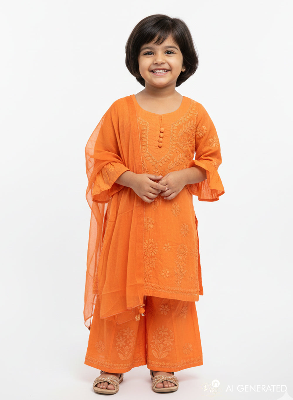 Pihu Orange - Dobby Cotton Chikankari Kidswear Set