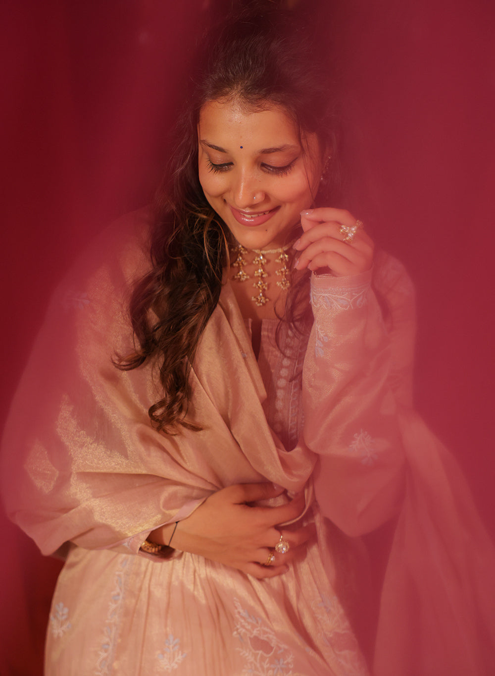 Dusty Rose Pink - Nayaab Tissue Chanderi Dhoop Chaav Semi-Stitched Kurta & Dupatta Set