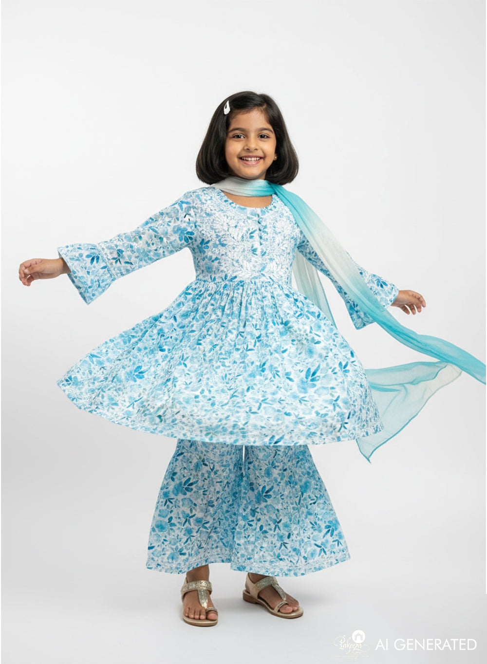 Gulnaar Sky Blue Printed - Cotton Chikankari Kidswear Set