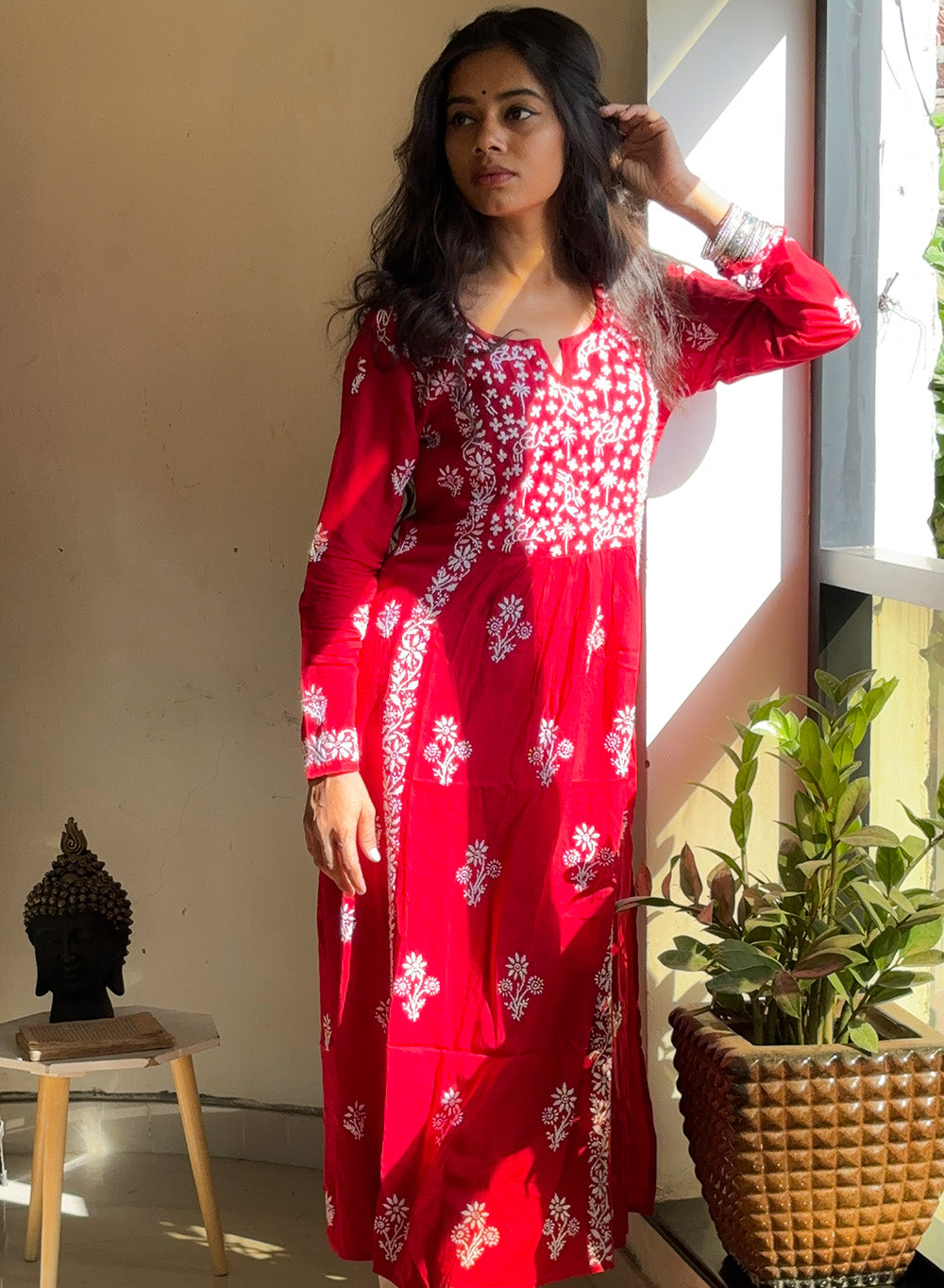 Rumi Red Nayra Cut - Bahaar Modal Chikankari Kurta