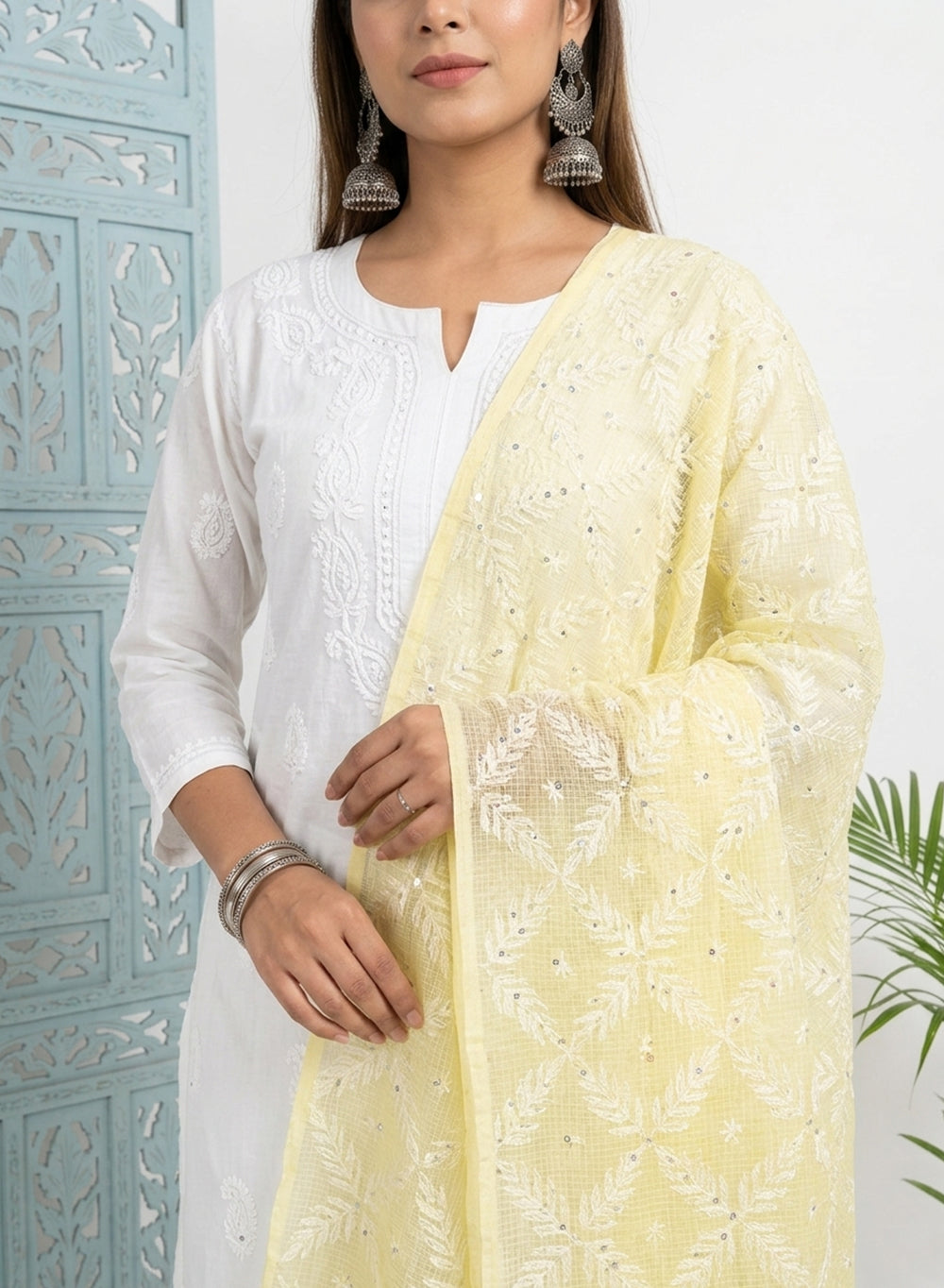 Yellow - Nazm Kota Cotton Chikankari Dupatta With White Thread Embroidery & Sequin Work