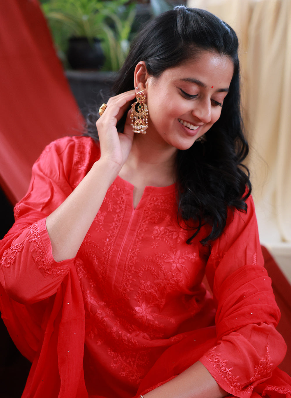 Sadgi Red - Nargis Muslin Chikankari Dress Set