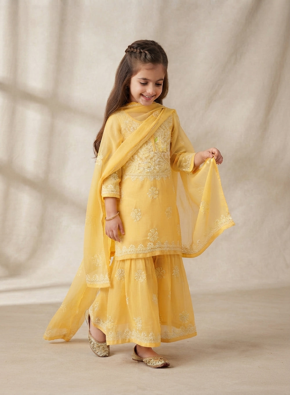 Tara Yellow - Nanhe Farishtery Girls Georgette Chikankari Kidswear Set