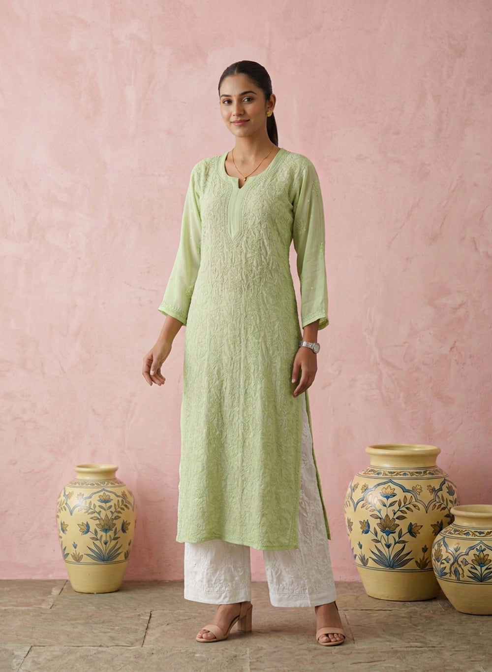 Pista - Anjuman Premium Viscose Chikankari Kurta With Katdana & Sequin