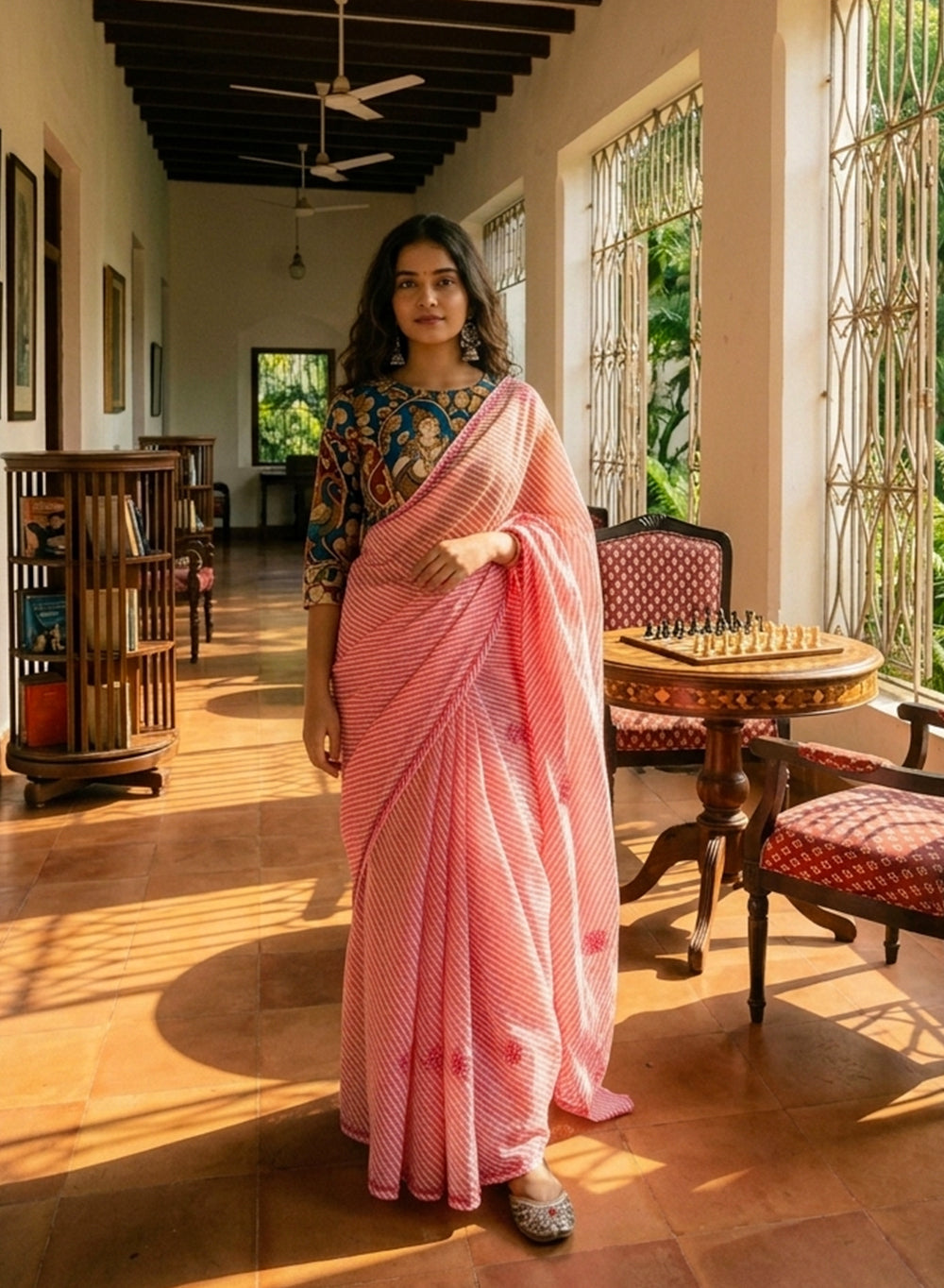 Fluorescent Pink Lehariya - Kota Aks Cotton Chikankari Saree
