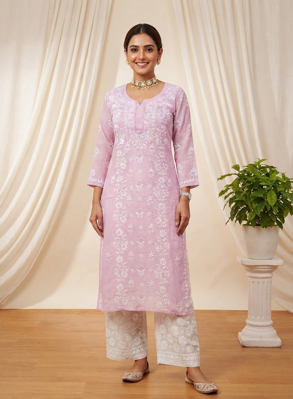 Baby Pink - Mul Chanderi Bahaar Chikankari Kurta With Slip & Jaali Work