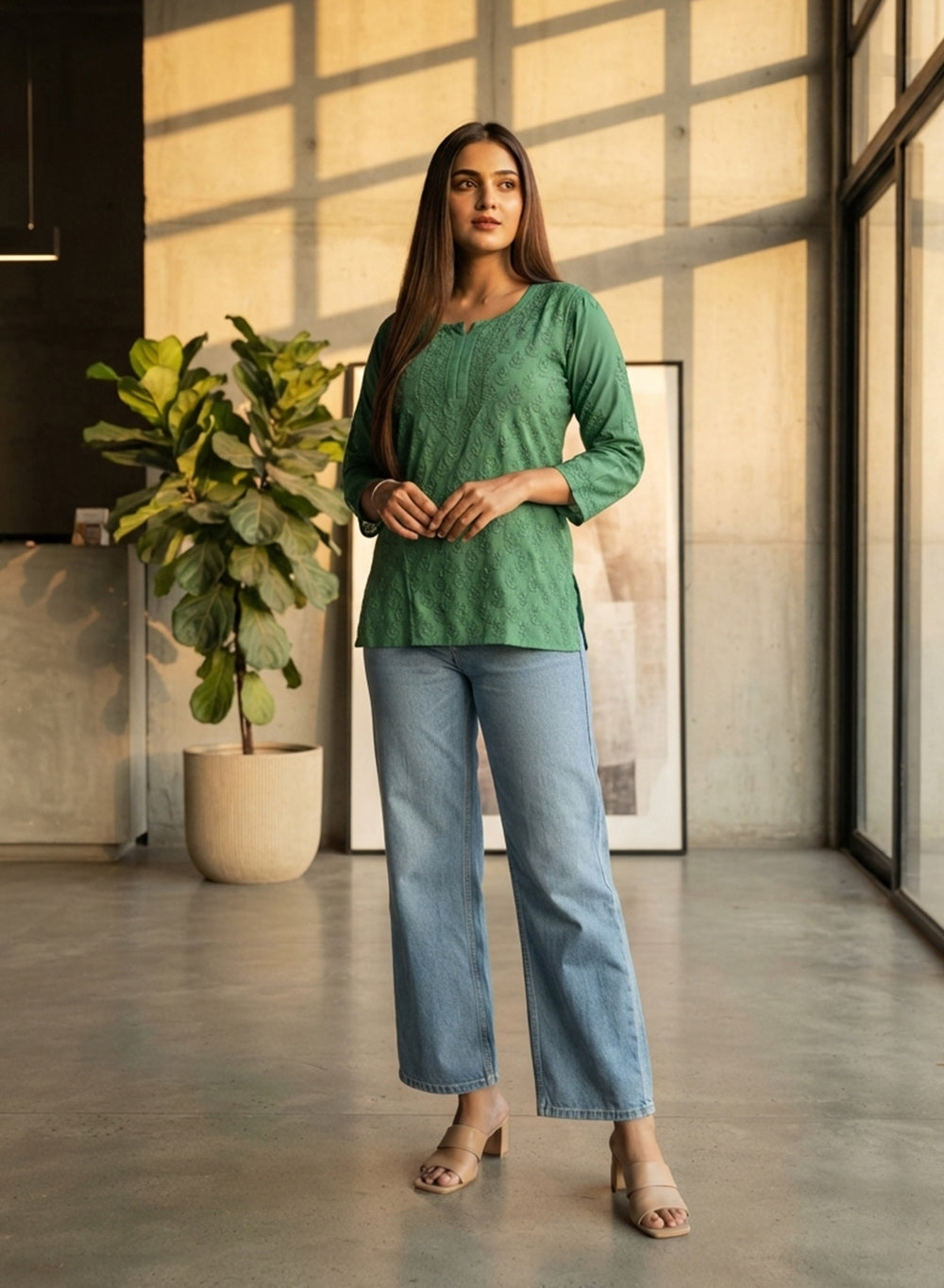 Green - Gulshan Muslin Shadow Work Chikankari Short Top