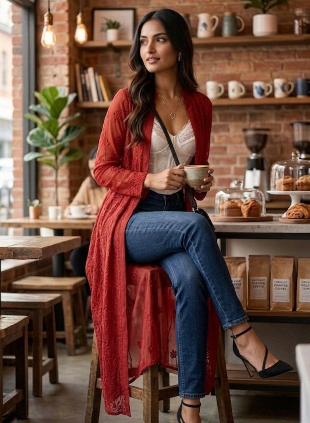 Brick - Aarzoo Viscose Long Chikankari Shrug
