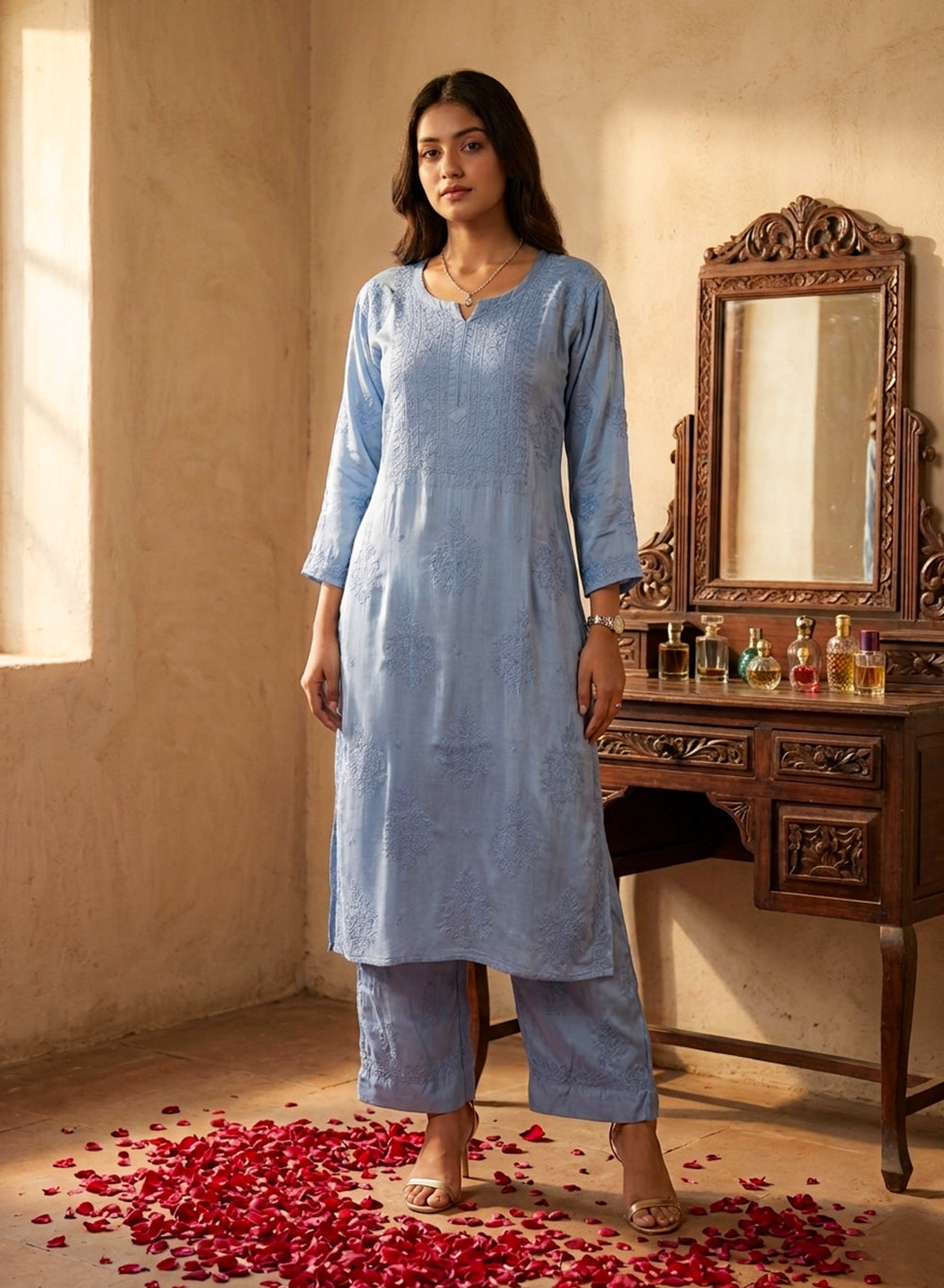 Seher Blue - Nargis Satin Chikankari Kurta & Palazzo Set