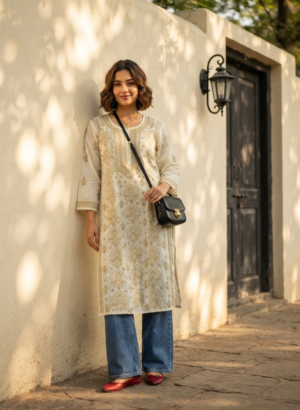 Off White With Beige - Bahaar Cotton Terry Voile Chikankari Kurta