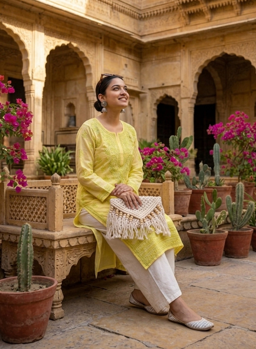 Yellow & Geen - Bahaar Cotton Terry Voile Chikankari Kurta With Slip