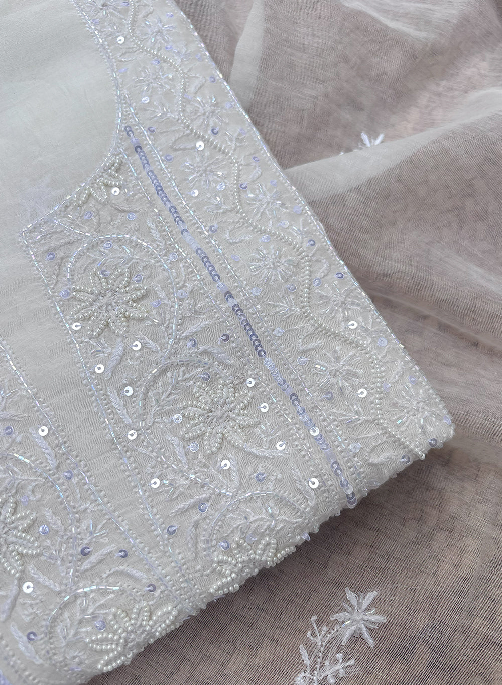 White - Dhoop Kinaray Mul Chanderi Chikankari Kurta Fabric With Moti & Sequin Work