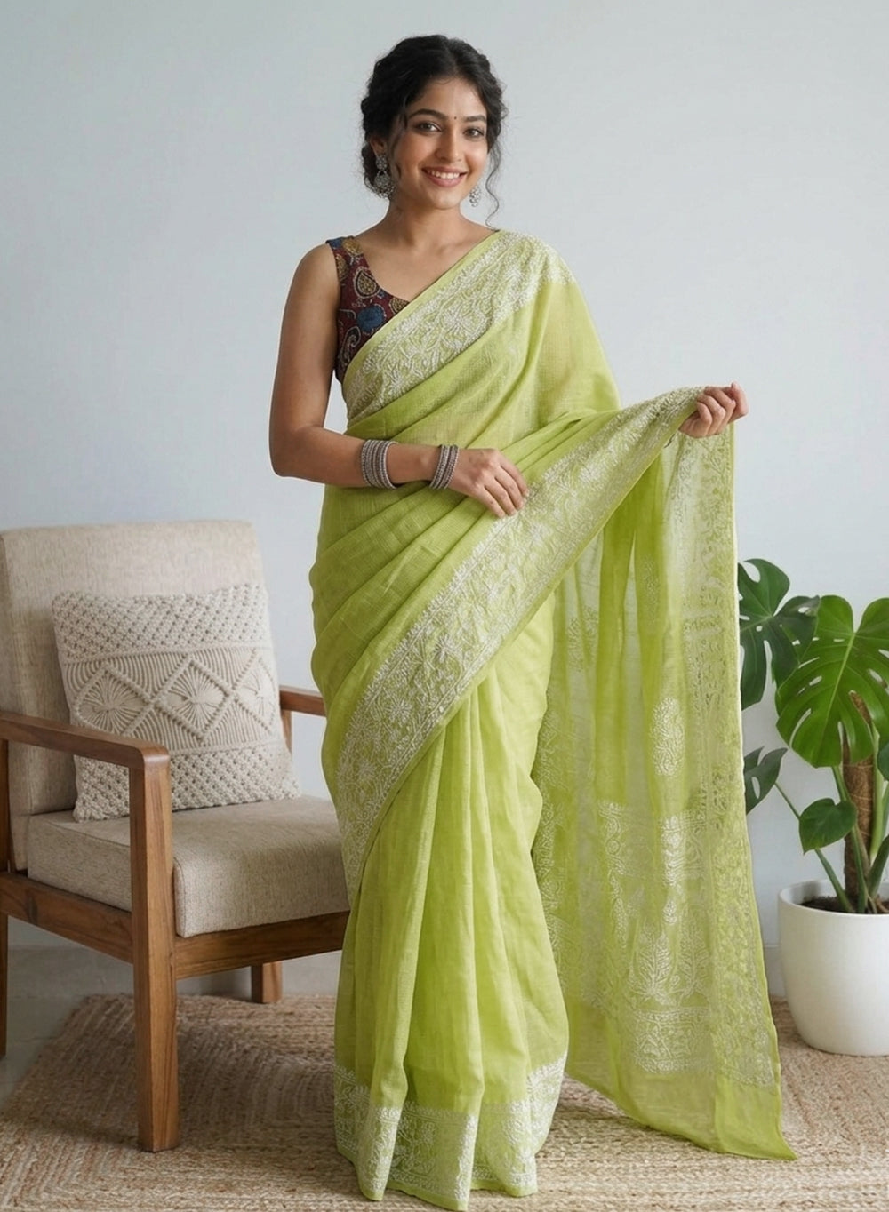 Aparajita Olive Green - Aks Kota Cotton Chikankari Saree