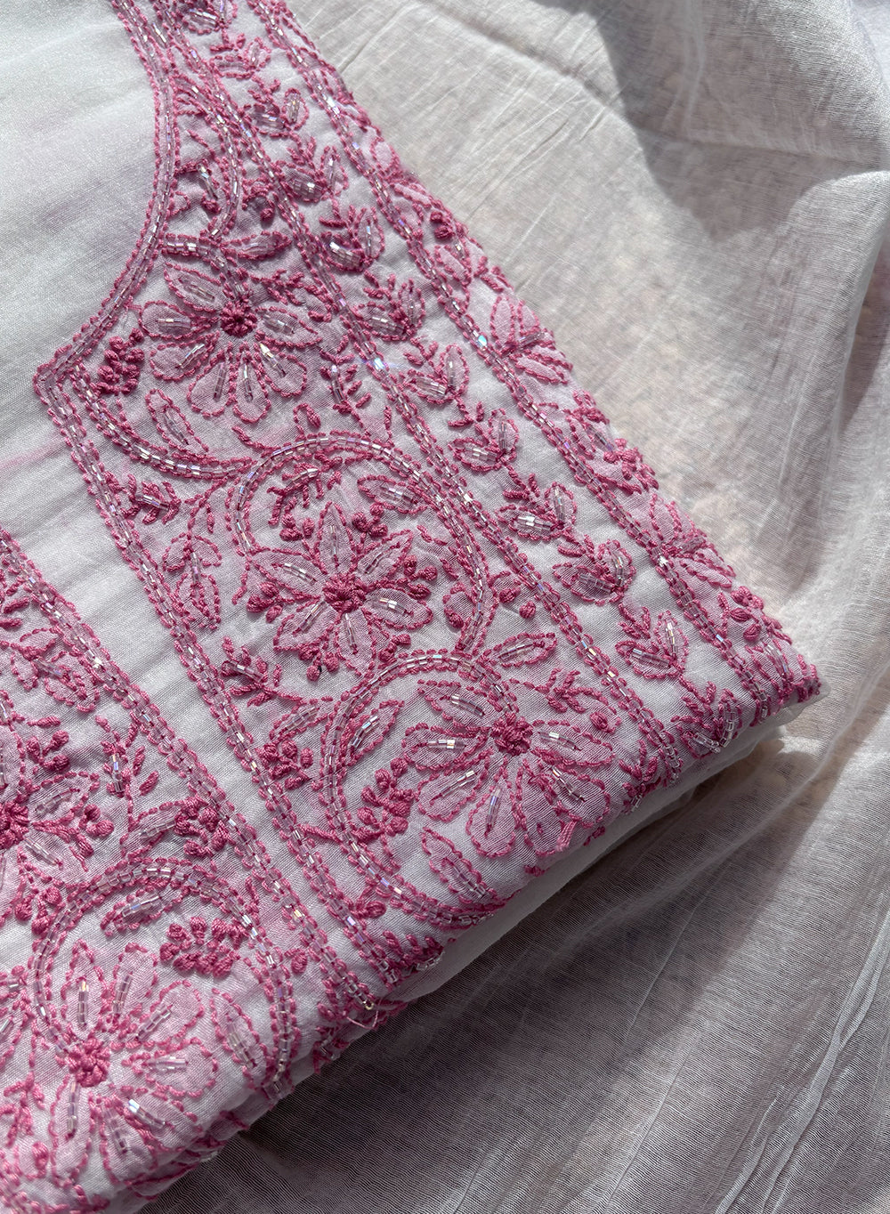 White & Pink - Moti & Katdana Nayaab Mul Chanderi Kurta & Dupatta Set