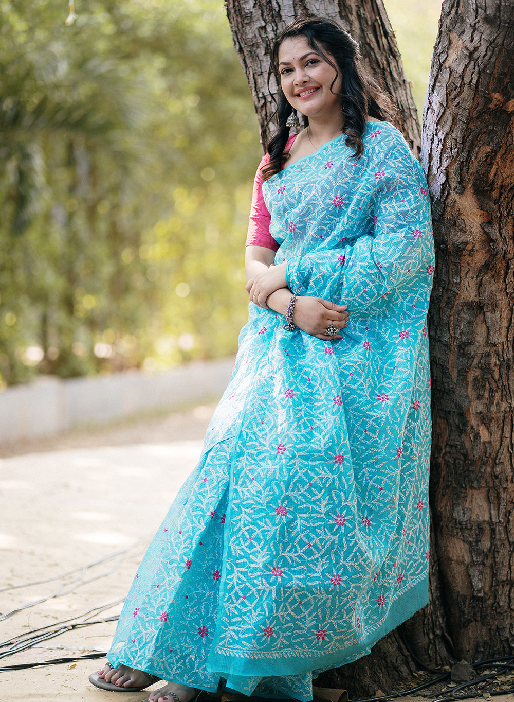 Guncha Sky Blue & Pink - Dual Thread Aks Cotton Tepchi Chikankari Saree