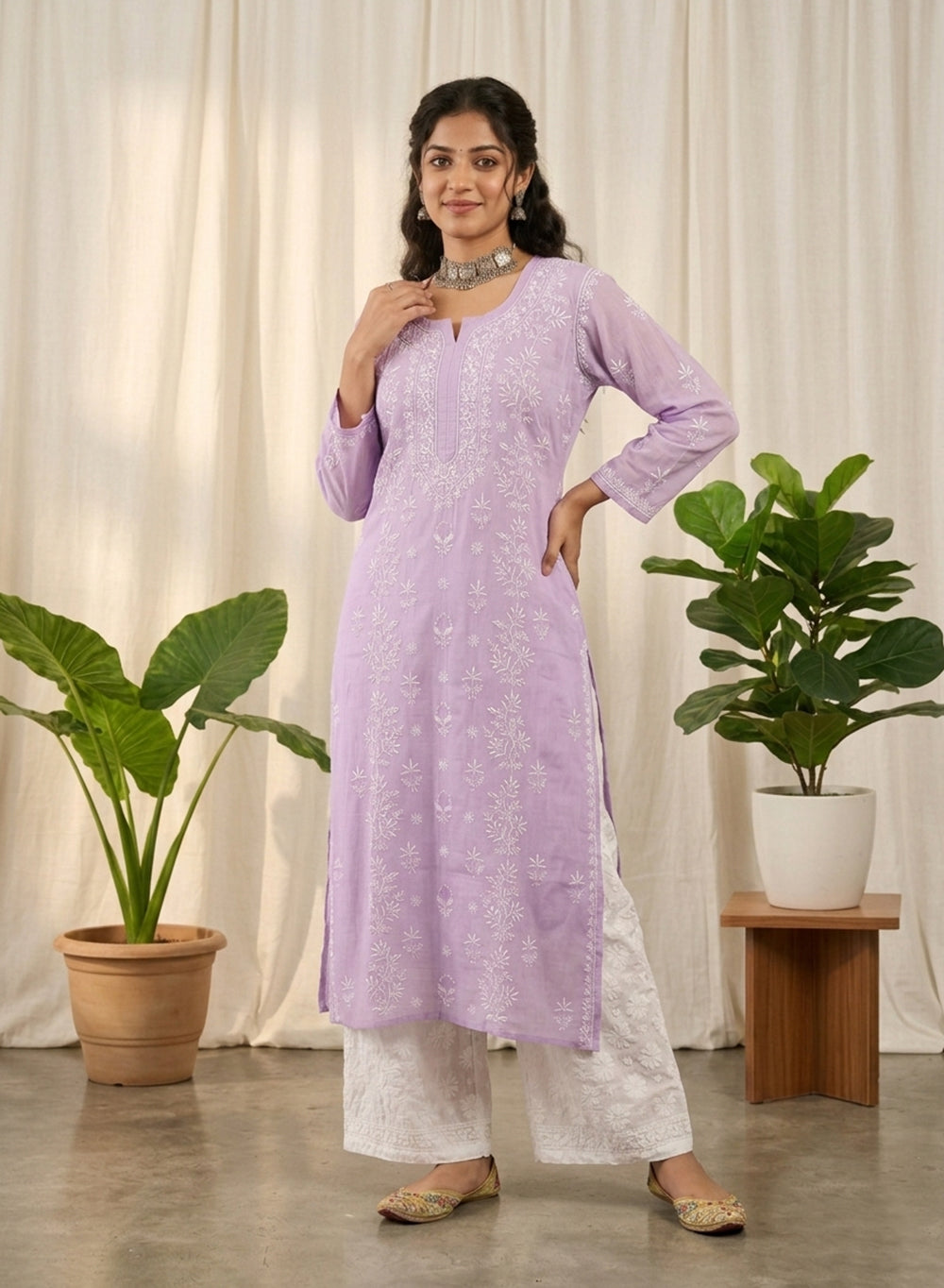 Lilac - Mul Chanderi Bahaar Chikankari Kurta With Slip & Jaali Work