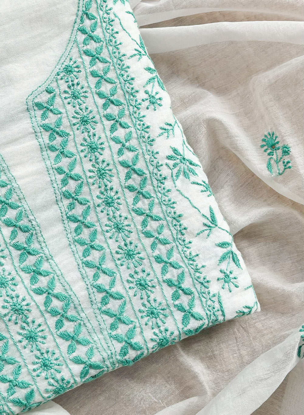White & Turquoise - Nayaab Mul Chanderi Chikankari Kurta Fabric