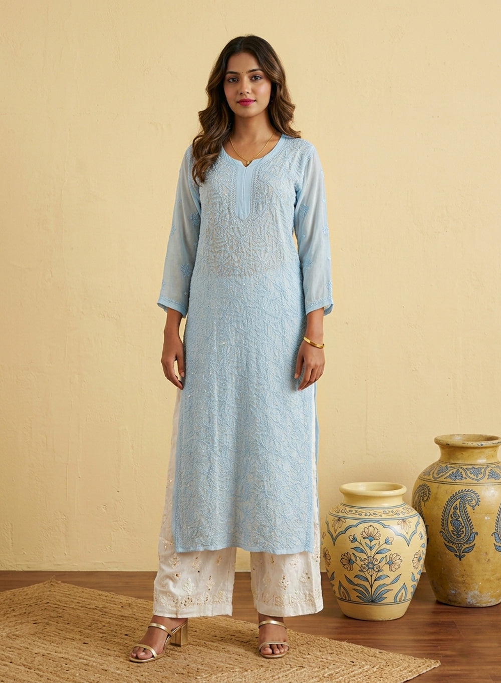 Powder Blue - Anjuman Premium Viscose Chikankari Kurta With Katdana & Sequin