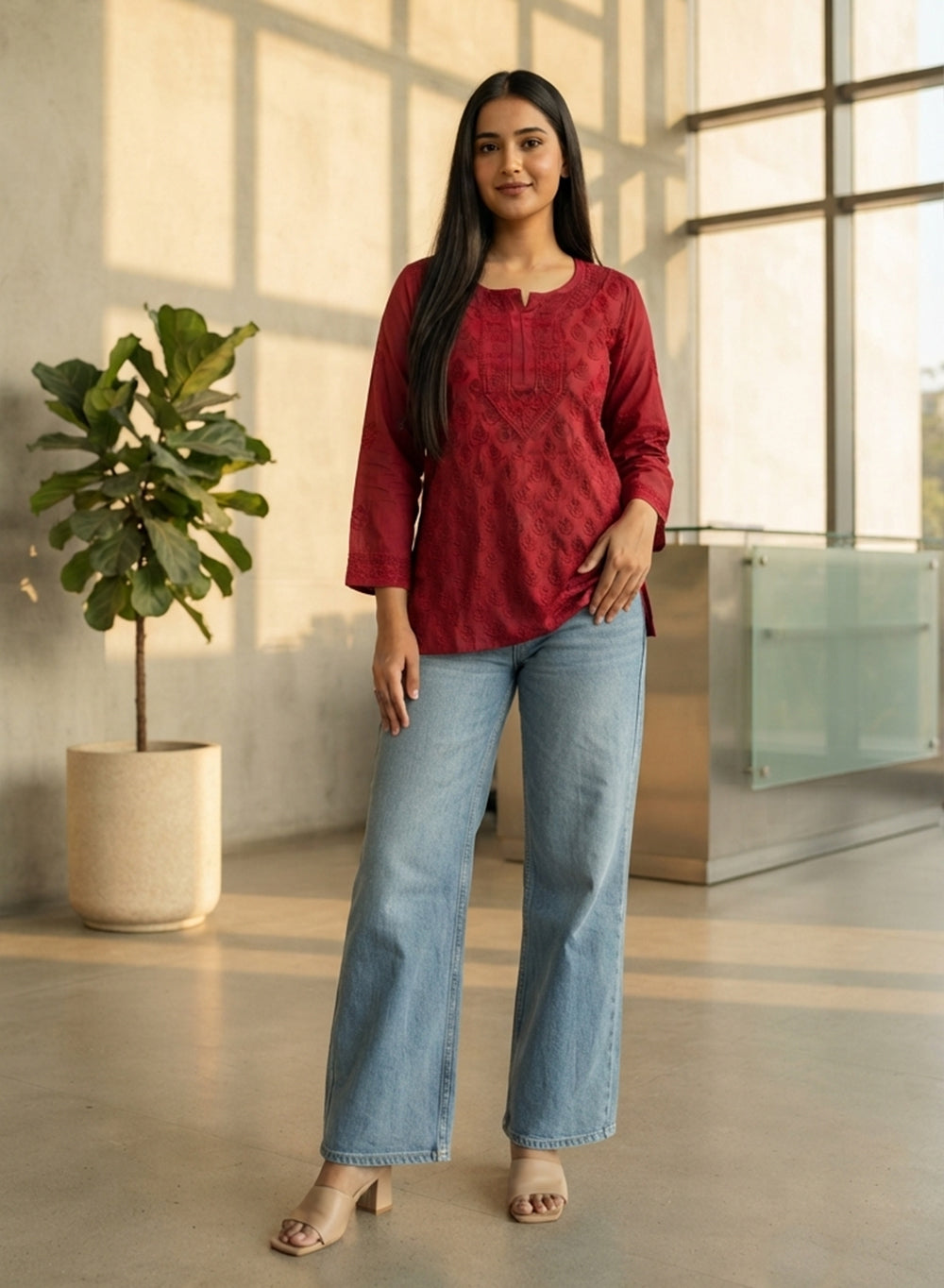 Cherry - Gulshan Muslin Shadow Work Chikankari Short Top