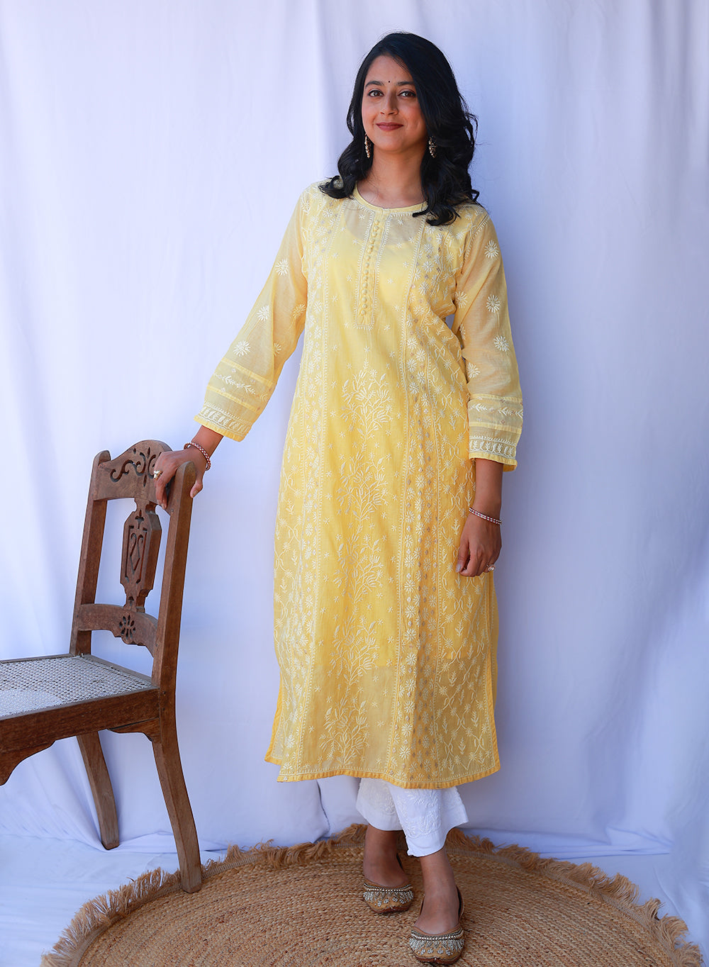 Yellow - Anjuman Mul Chanderi Brocade Chikankari Kurta With Slip