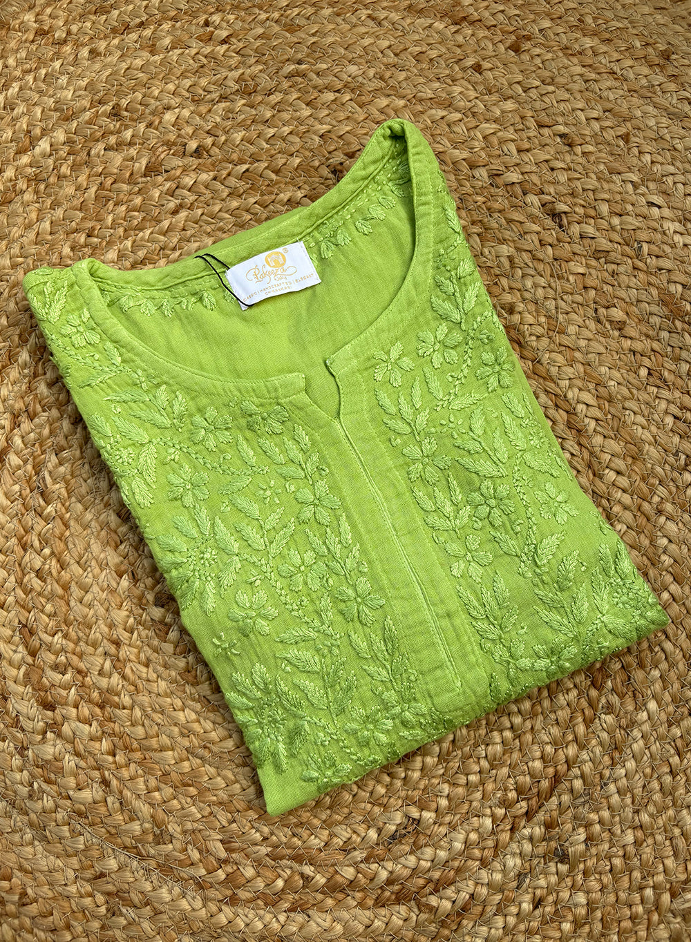 Parrot Green - Gulshan Linen Cotton Double Layered Chikankari Short Top