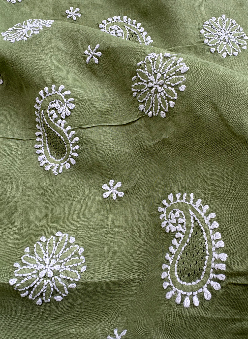 Olive Green - Dhoop Kinaray Cotton Chikankari Kurta Fabric