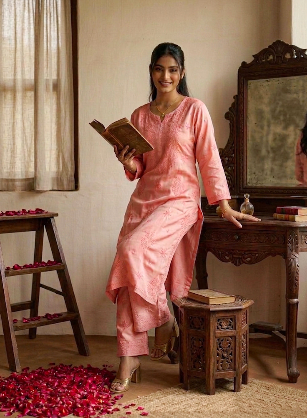 Seher Peach - Nargis Satin Chikankari Kurta & Palazzo Set