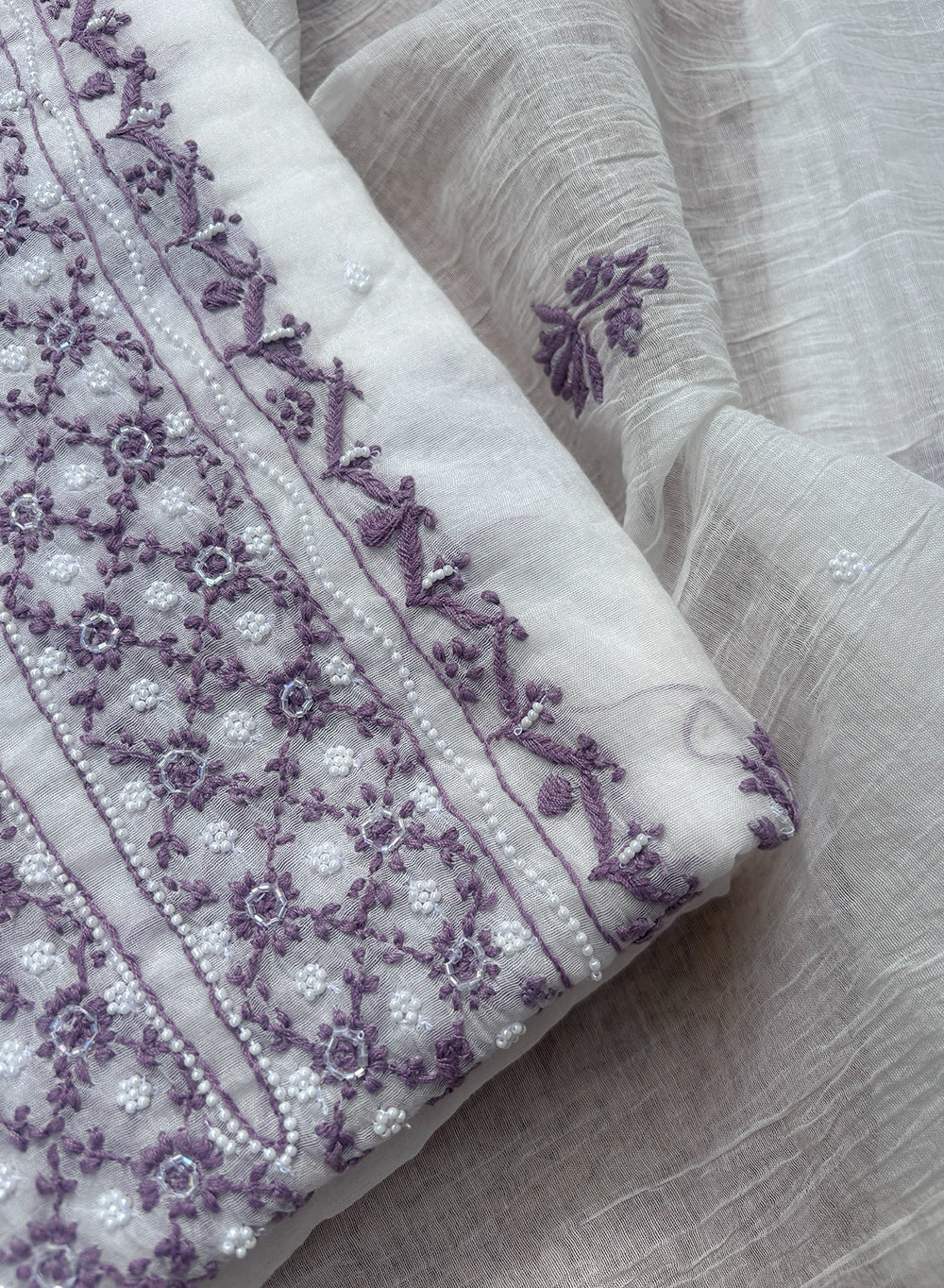 White & Violet - Moti & Katdana Nayaab Mul Chanderi Kurta & Dupatta Set