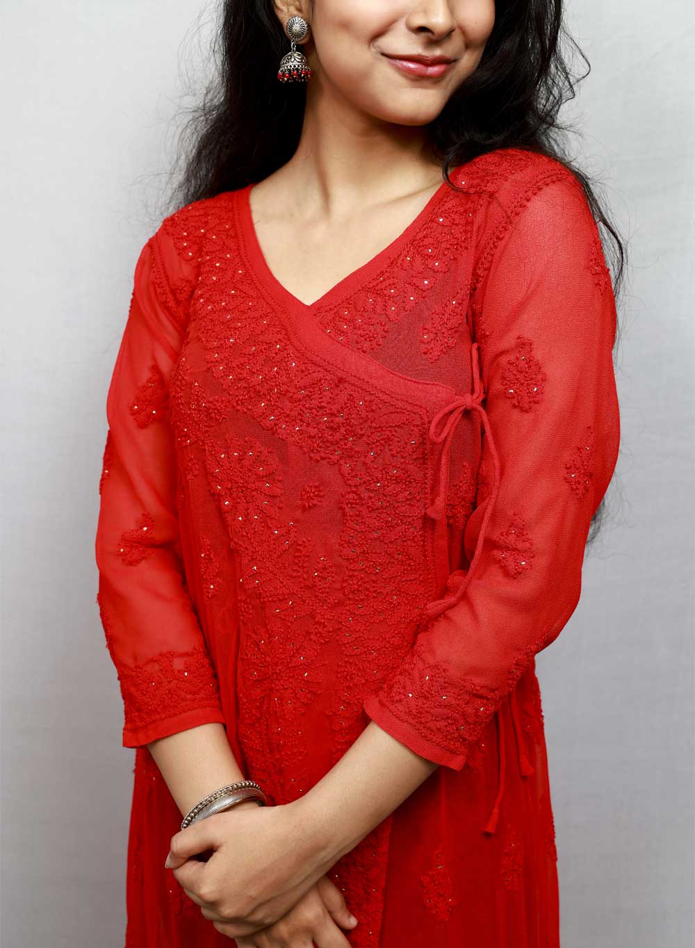 Red Mukaish - Anjuman Georgette Chikankari Angarakha