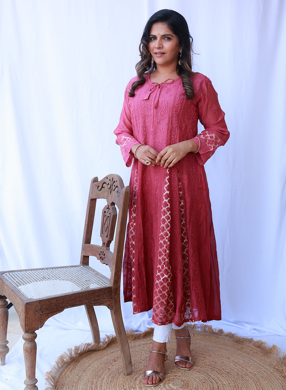 Plum - Anjuman Mul Chanderi Brocade Chikankari Kurta With Slip