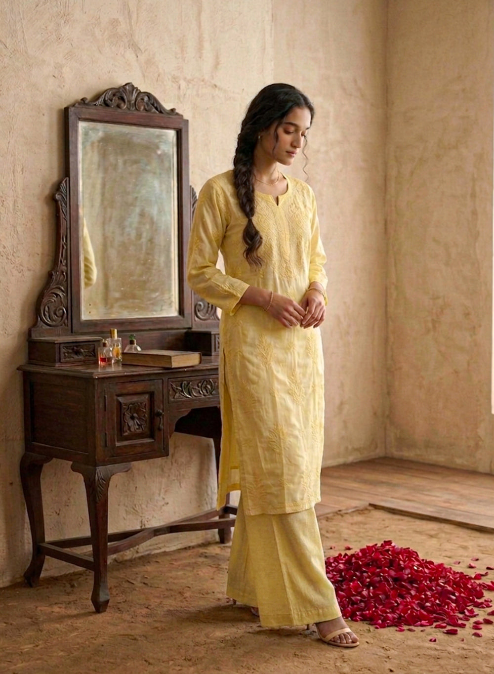 Seher Yellow - Nargis Satin Chikankari Kurta & Palazzo Set