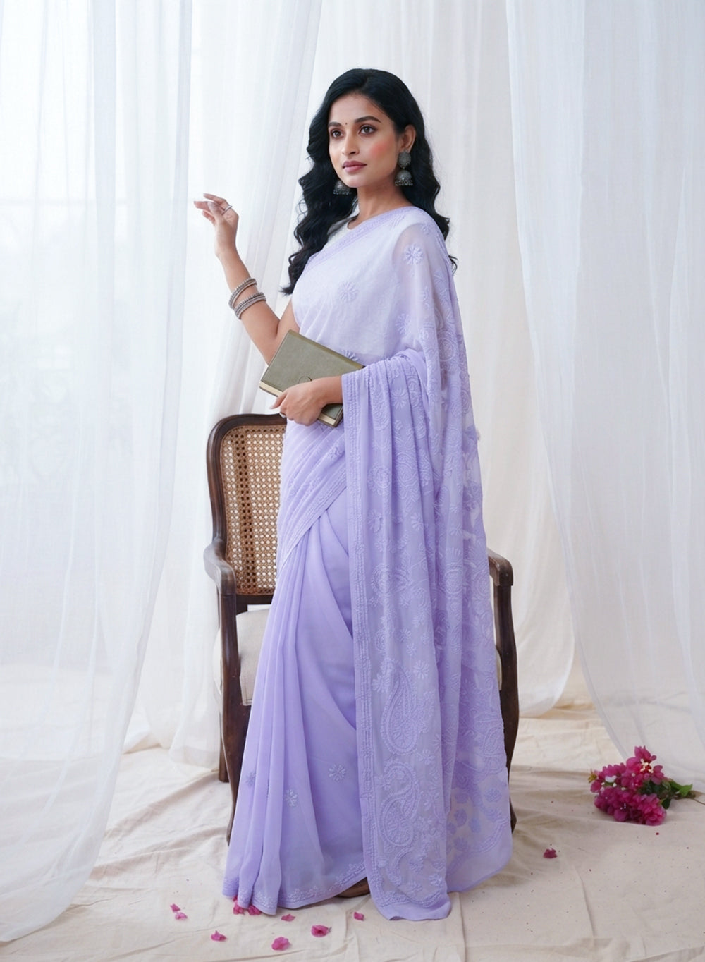 Lilac Katdana - Aks Georgette Chikankari Saree