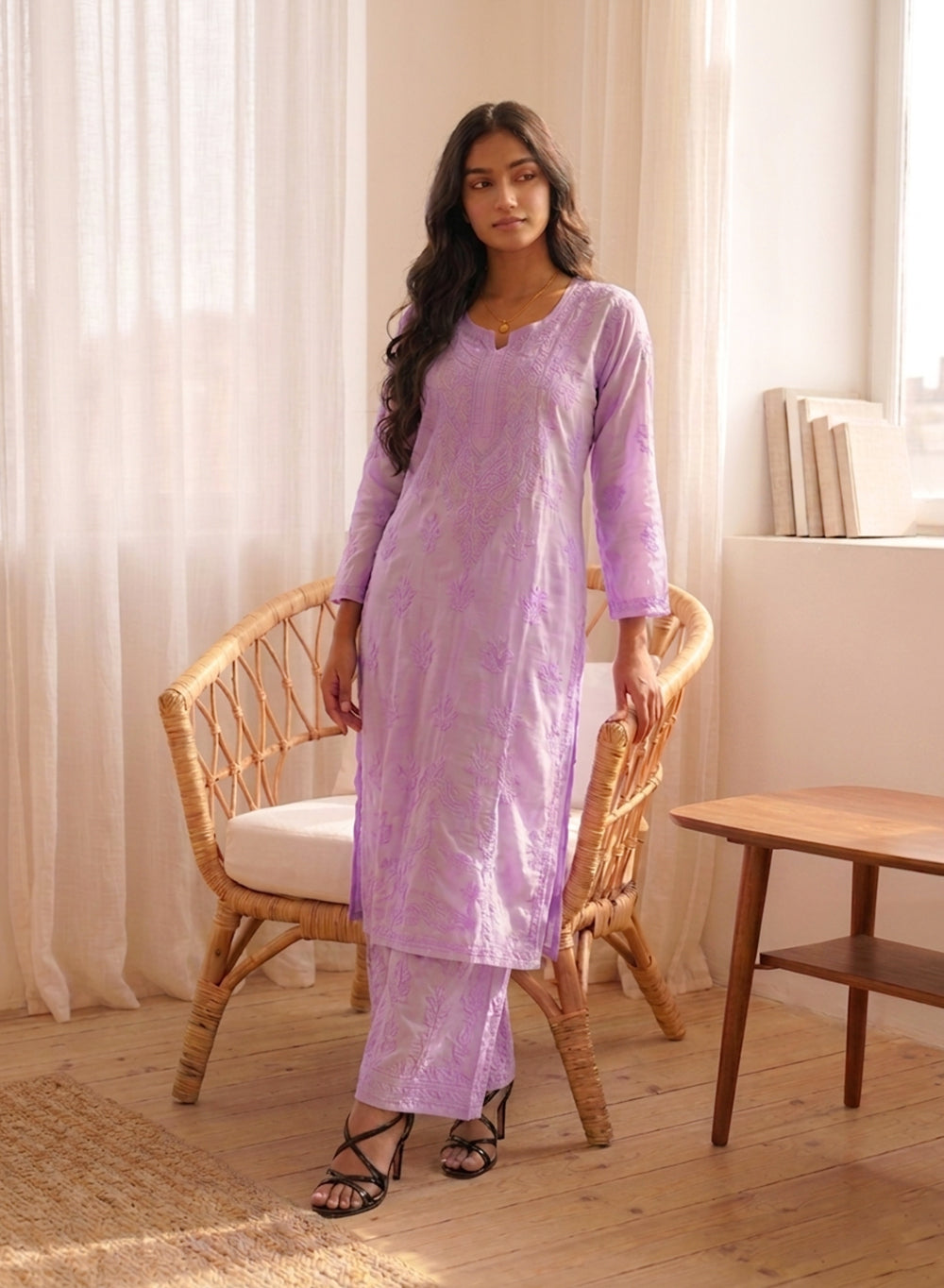 Saanjh Lilac - Nargis Muslin Chikankari Kurta & Palazzo Set