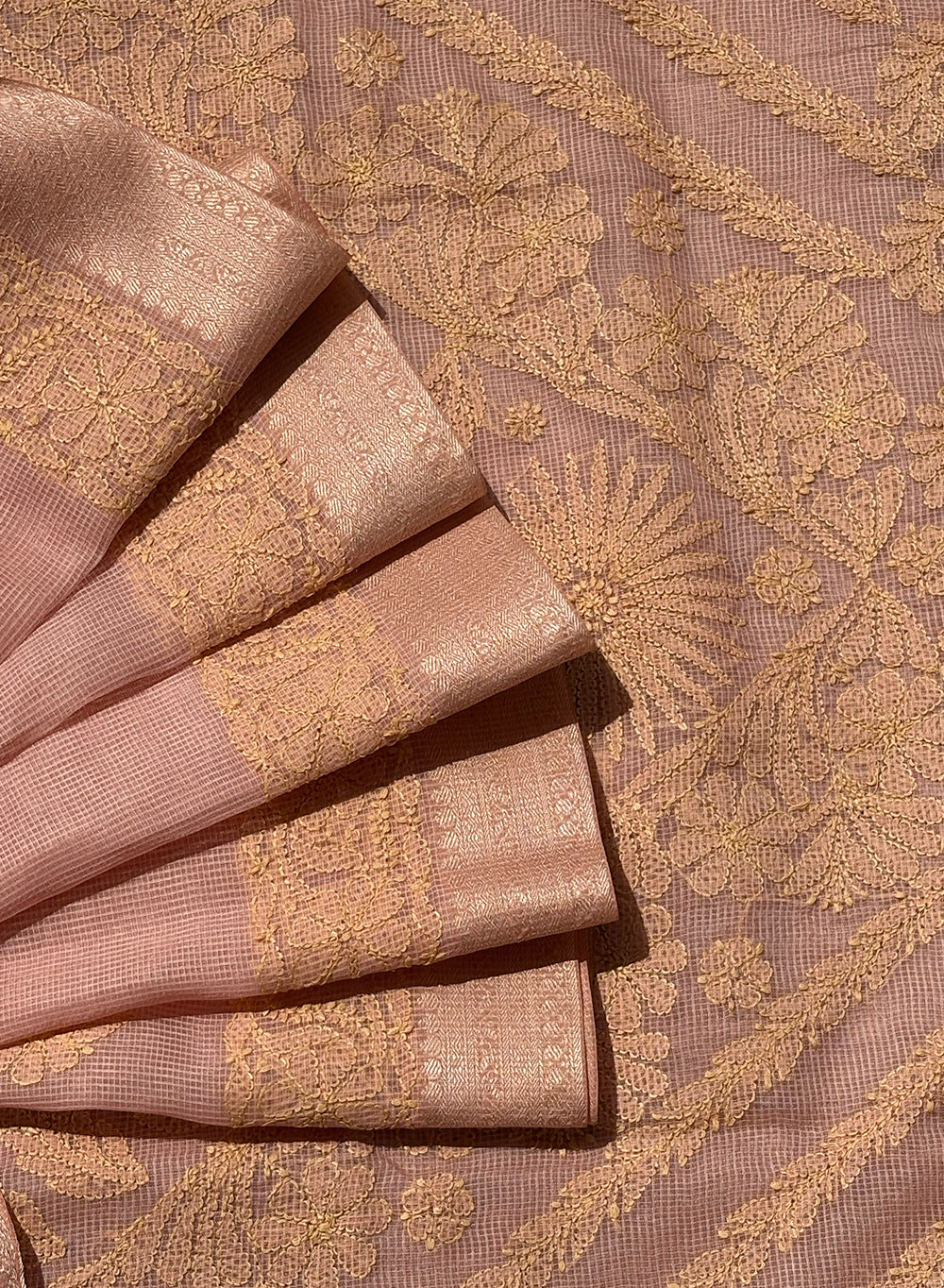 Blush Pink Cotton Chanderi - Aks Hand Embroidered Chikankari Saree