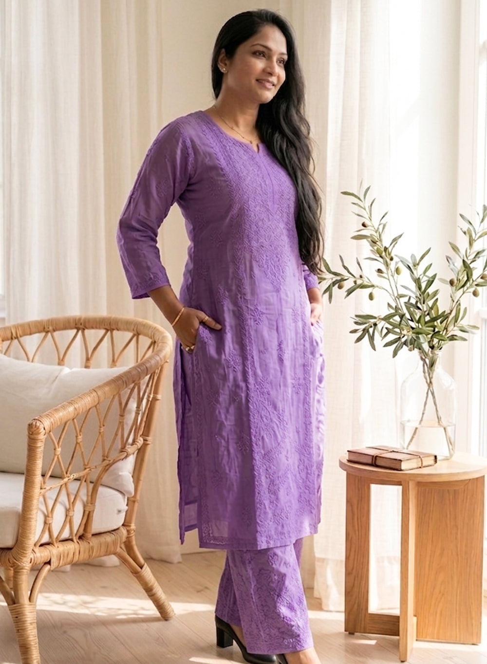 Saanjh Lavender - Nargis Muslin Chikankari Kurta & Palazzo Set