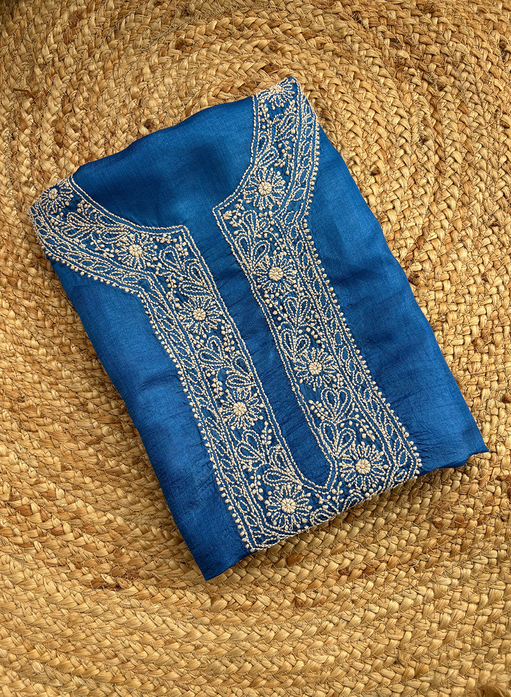 Royal Blue Unisex - Dhoop Kinaray Pure Tussar Silk Chikankari Kurta Fabric