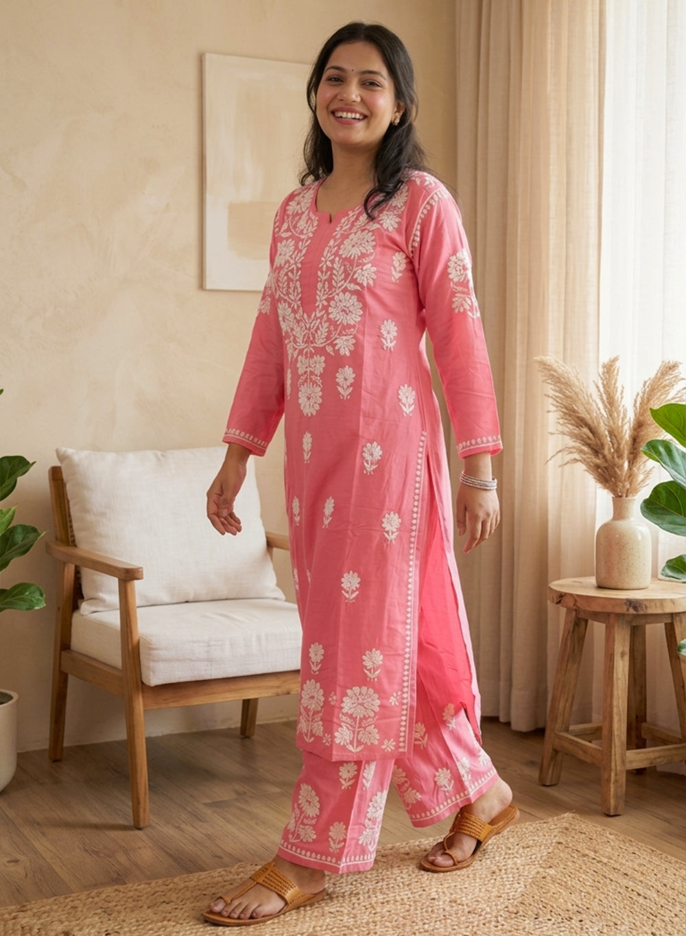 Peach Pink - Modal Nargis Chikankari Co-ords Set With White Thread Embroidery