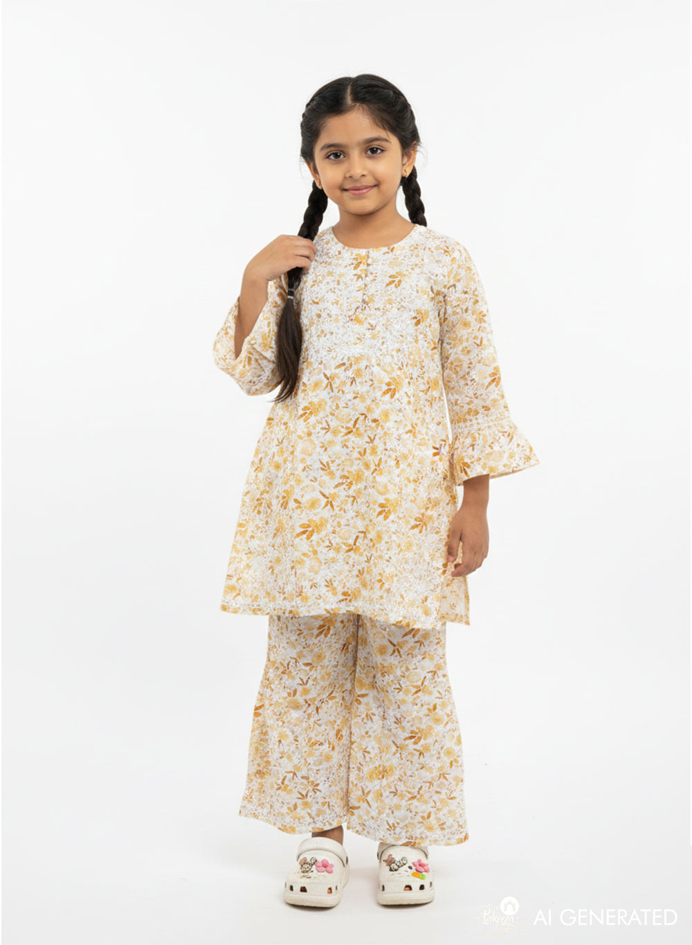 Gulnaar Beige Printed - Cotton Chikankari Kidswear Set