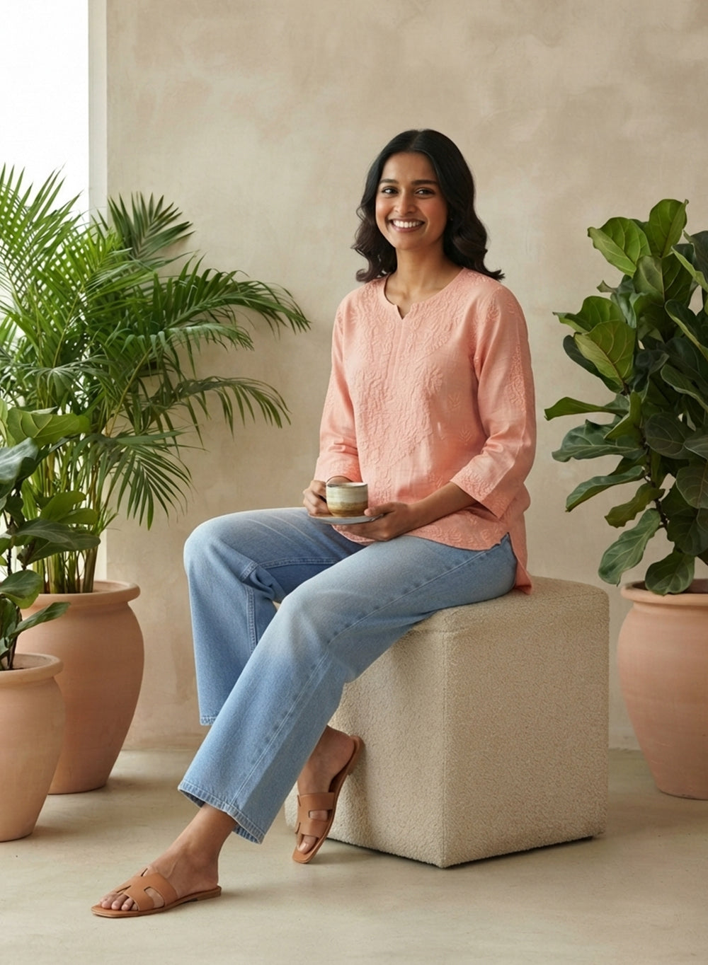 Coral - Gulshan Linen Cotton Double Layered Chikankari Short Top