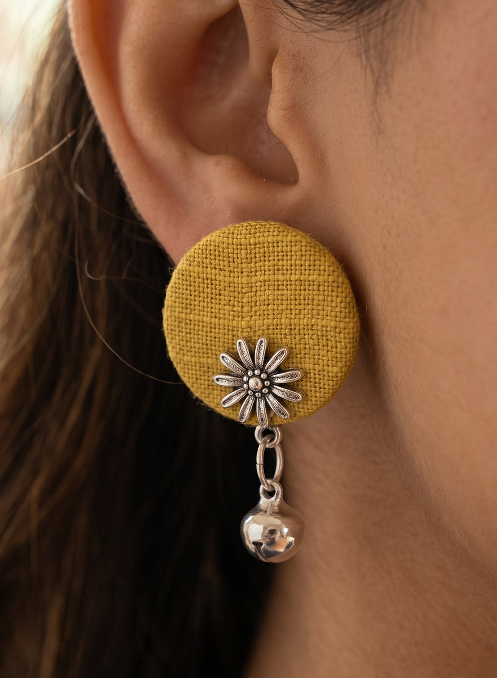 Olive Green Handcrafted Fabric Circular Studs with Oxidized Daisy Motif & Ghungroo Drop