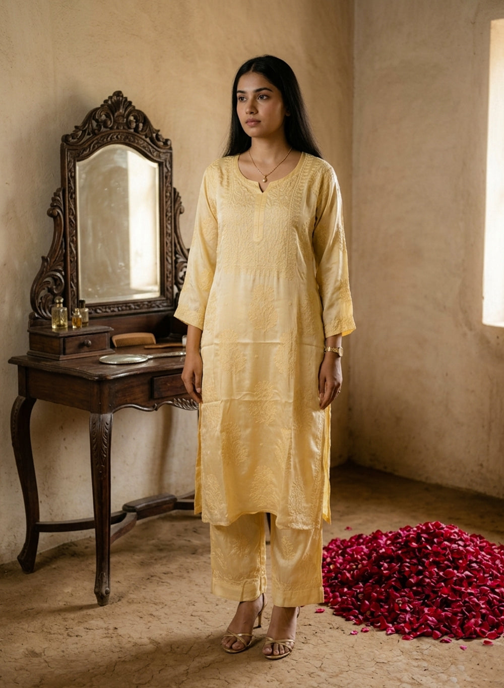 Seher Lime - Nargis Satin Chikankari Kurta & Palazzo Set
