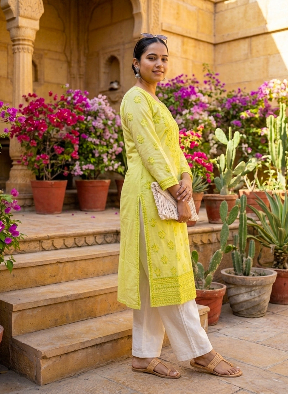 Pista Green & Yellow - Bahaar Cotton Terry Voile Chikankari Kurta With Slip